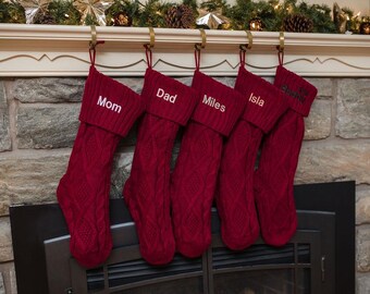 Personalized Knit Christmas Stocking/ Custom Embroidered Knit Christmas Stockings/Personalized Green, Red and Ivory Knit Stockings
