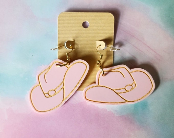 Pink Cowboy Cowgirl Cowperson Hat - Acrylic Pink Western Earrings with Gold