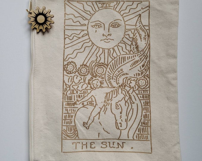 The Sun Tarot Card - Canvas Zip Bag with Poplar Wood Sun Charm
