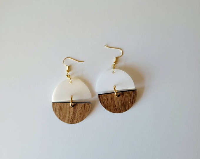 Lightweight White Acrylic & Walnut Earrings - Split Series - Mod Earrings