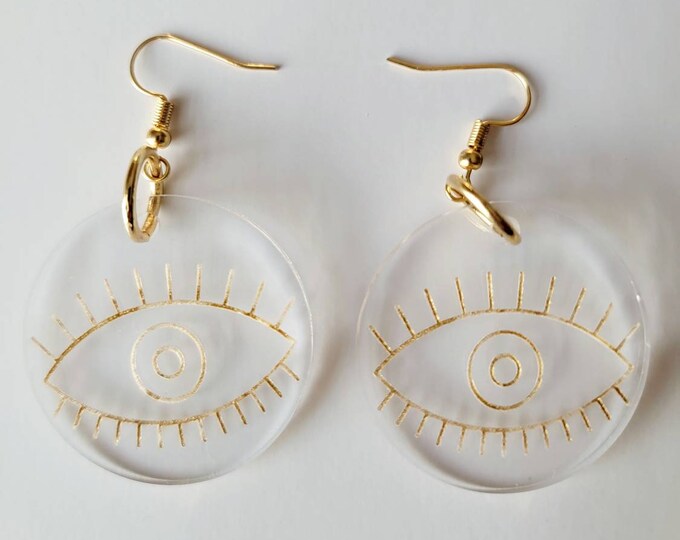 Evil Eye Clear Acrylic Earrings - Lightweight Earrings - Engraved & Hand Painted Earrings