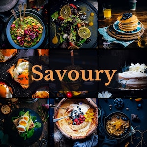 Peut inclure: Un collage d'images présentant divers plats salés, dont une salade verte aux agrumes, une assiette de crêpes aux myrtilles, un plat de petit-déjeuner aux œufs, un gâteau au glaçage blanc et un pudding au pain sucré aux fruits.