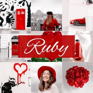 Puede incluir: Un collage de imágenes con el color rojo. Las imágenes incluyen una boca de incendios roja, una puerta roja, una mujer con un abrigo rojo, un coche rojo, un ramo de flores rojas, un corazón rojo pintado en una pared, una mujer con un sombrero rojo y una botella de jugo rojo.