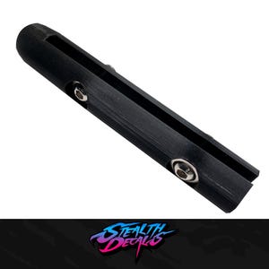 May include: Black plastic part with two silver screws. The part has a slot running down the centre.