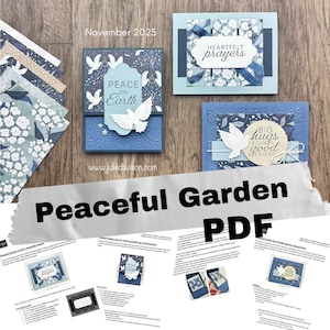 May include: A collection of handmade greeting cards in shades of blue and white, featuring dove and floral designs. The cards have sentiments like "Peace on Earth" and "Big hugs for a good friend." Accompanying patterned paper and a PDF are also visible.