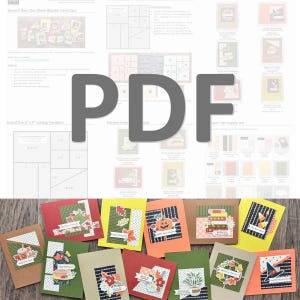 May include: A digital PDF document titled Harvest Hues One Sheet Wonder Card Class featuring cutting templates, supply lists, and instructions for crafting handmade greeting cards with autumn themes, pumpkins, leaves, and seasonal motifs.
