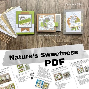 Pode incluir: Um documento PDF intitulado "Nature's Sweetness PDF" com instruções para criar cartões usando o conjunto de carimbos "Nature's Sweetness". O documento inclui várias imagens de cartões e instruções para criá-los.
