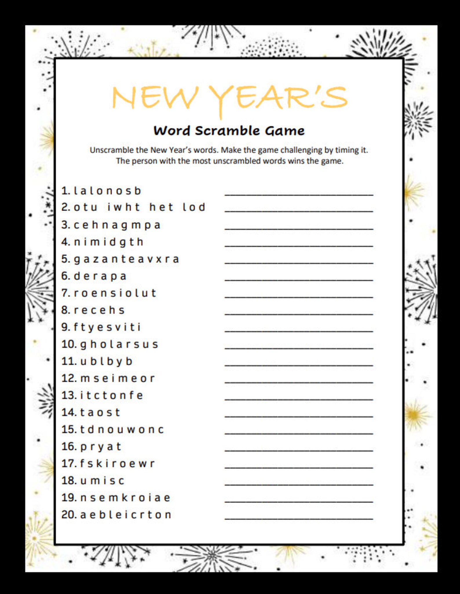 New Year's Word Scramble Game Printable | Etsy