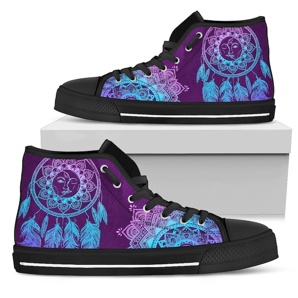 Purple Dreamcatcher Mandala Black High Top Female Sneakers - Spiritual Canvas Shoes, Custom Shoes, Streetwear, High Tops Printed