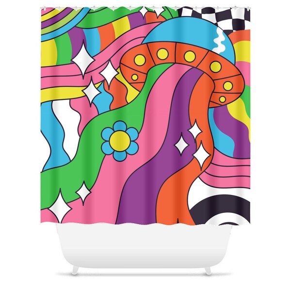 Groovy Hippie UFO Rainbow Shower Curtain - Funky House Decor, Colorful Retro 70s Psychedelic Bath Curtain, Love Peace Happiness, Alien Decor