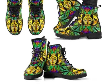 Spiritual Sun & Moon Women's Combat Boots, Two Sources Of Light, Music Festival Boots, Vegan Leather, Hippie Style, Classic Boots