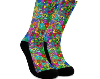 Hippie Flower Power Crew Socks - Colorful 60s 70s 80s Trippy Hippie Accessory, Retro Vintage Floral Novelty Socks, Thick Unisex Compression