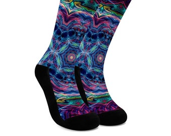 Trippy Fractal Crew Socks - Crazy Novelty Thick Socks, Psychedelic Colorful Socks, Wild Festival Socks, Unisex Compression Socks