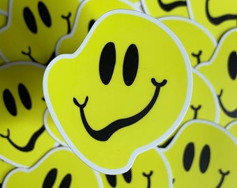 Happy Face Sticker - Trippy Emoji Distorted Melting Face, Psychedelic Vinyl Stickers, Acid Hydroflask Emoticon, Stoner Gift, Waterproof