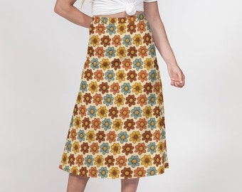 Retro Colorful Smiling Flowers Women's A-Line Midi Skirt - Boho Groovy Hippie Fashion, 60s 70s 80s, Long Skirt, Bohemian Festival Fashion
