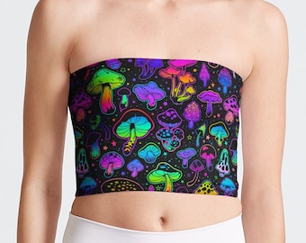 Magic Mushroom Glow Tube Top - Psychonauts Boob Tube, Rave Top, Psychedelic Rave Wear, Starry Rave Outfit Women, EDM Summer Festival, Techno