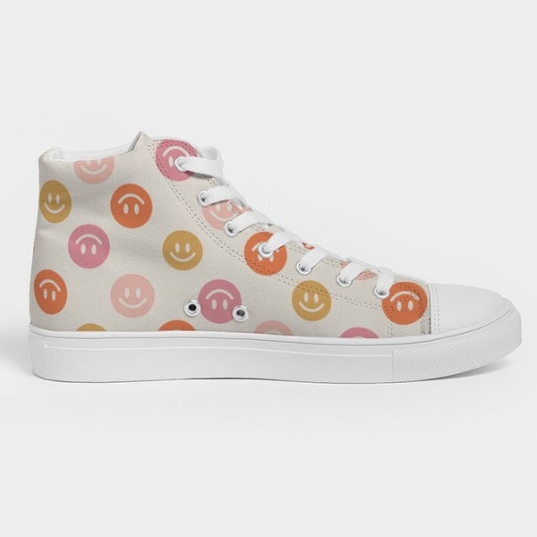 Retro Smiley Face Lover Women's Hightop Canvas Shoes - Happy Face Y2K, Groovy 90s High Top Sneakers, Hippie Hi Tops, Happiness Lace Up Shoes