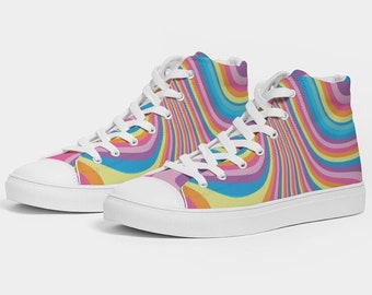 Groovy Retro Waves Women's Hightop Canvas Shoe - Fab Funky 60s 70s, Pastel High Top Sneakers, Hippie Hi Tops, Designer Lace Up Shoes