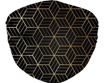 Geometric Face Mask + Filter - Gold On Black Cubic Pattern, Premium Mask, Extra Large, Best Mask Nose Wire, Breathable Washable, UK Made