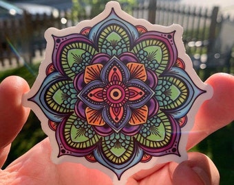 Colorful Mandala Sticker - Flower Vinyl Stickers, Sacred Geometry, Rave Stoner Hippie Laptop Sticker, Waterproof Hydroflask, Festival Floral