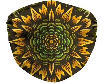 Sunflower Mandala Face Mask + Filter, Summer Garden Mask, Gardening Face Cover, Made In UK, Best Hippie Mask, Breathable Washable Reusable