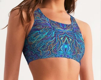 Soutien-gorge de sport sans couture psychédélique Blue Love pour femmes - Débardeur Rave, Mode Festival, Vêtements de sport Trippy, Crop Top De yoga Blue Crazy Design