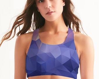 Blue Geometric Women's Seamless Sports Bra - Yoga Sportsbra, Rave Top, Workout Apparel, Running Jogging Athleisure, Athletic Female Clothing