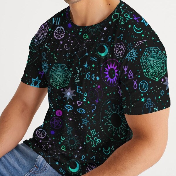 Magical Bright Alchemical Cosmic Men's Tee - Occult Festival Shirt, Alchemy Esoteric, Mystical Symbols, EDM Clothing, Stars All Over Print