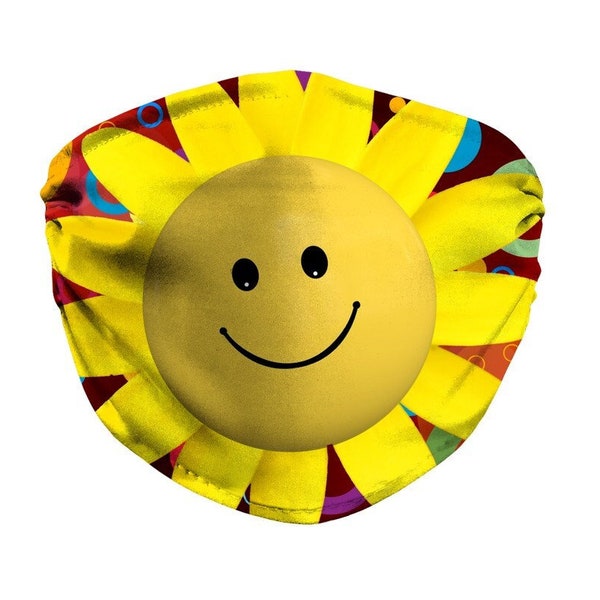 Happy Smiley Sun Face Mask + Filter, Joyful Sunny Happy Face, Woodstock Hippie Facemask, Breathable, Washable, Reusable