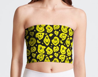 Melting Faces Rave Tube Top - Smiley Face Boob Tube, Acid House, Psychedelic Rave Wear, Fun Rave Outfit Women, EDM Summer Festival, Techno