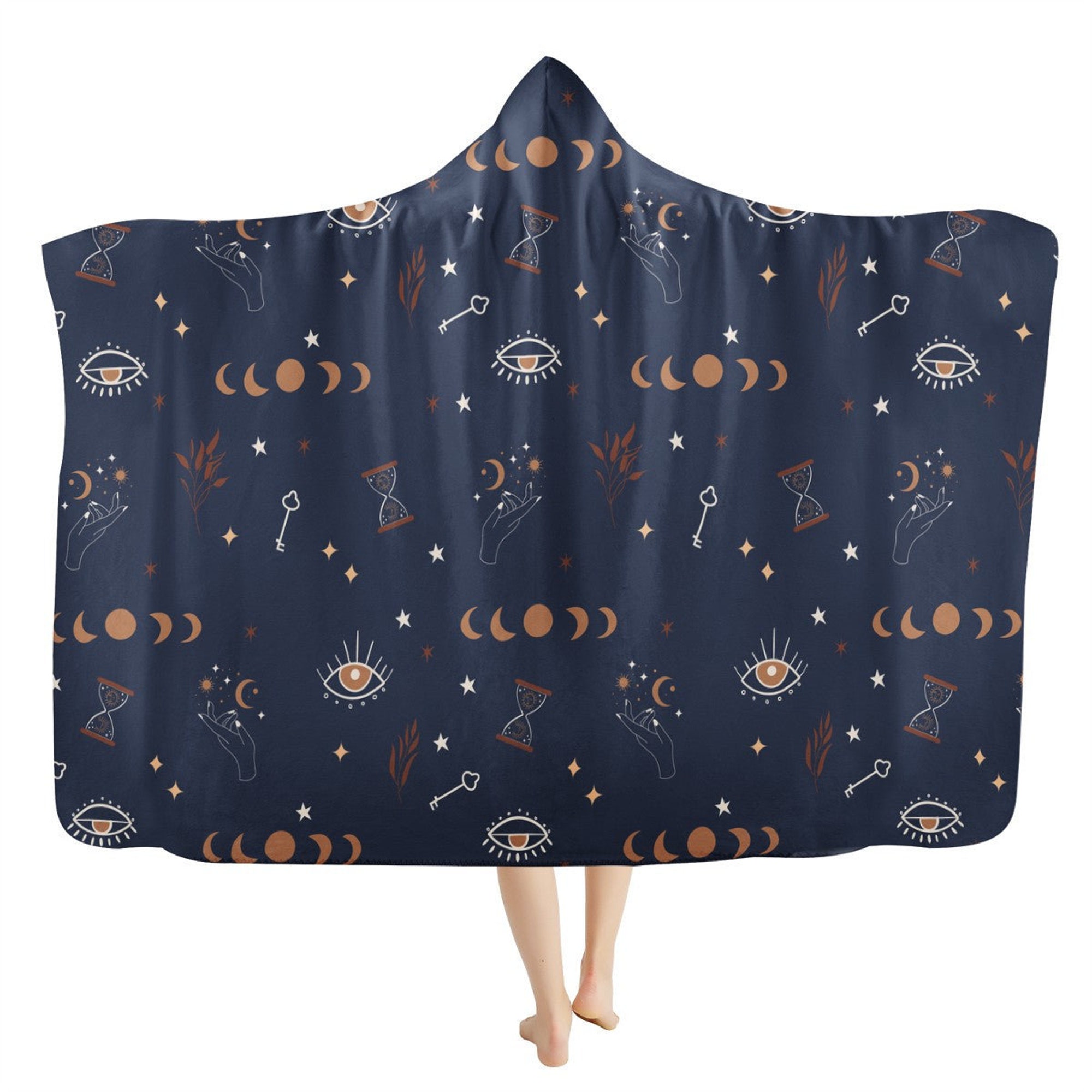 Discover Esoteric Moon Phases Alchemy Stars Hooded Blanket - Crescent Moon, Artistic Trendy Chic Fashion, Tarot Blanket, Warm Wearable Hoodie