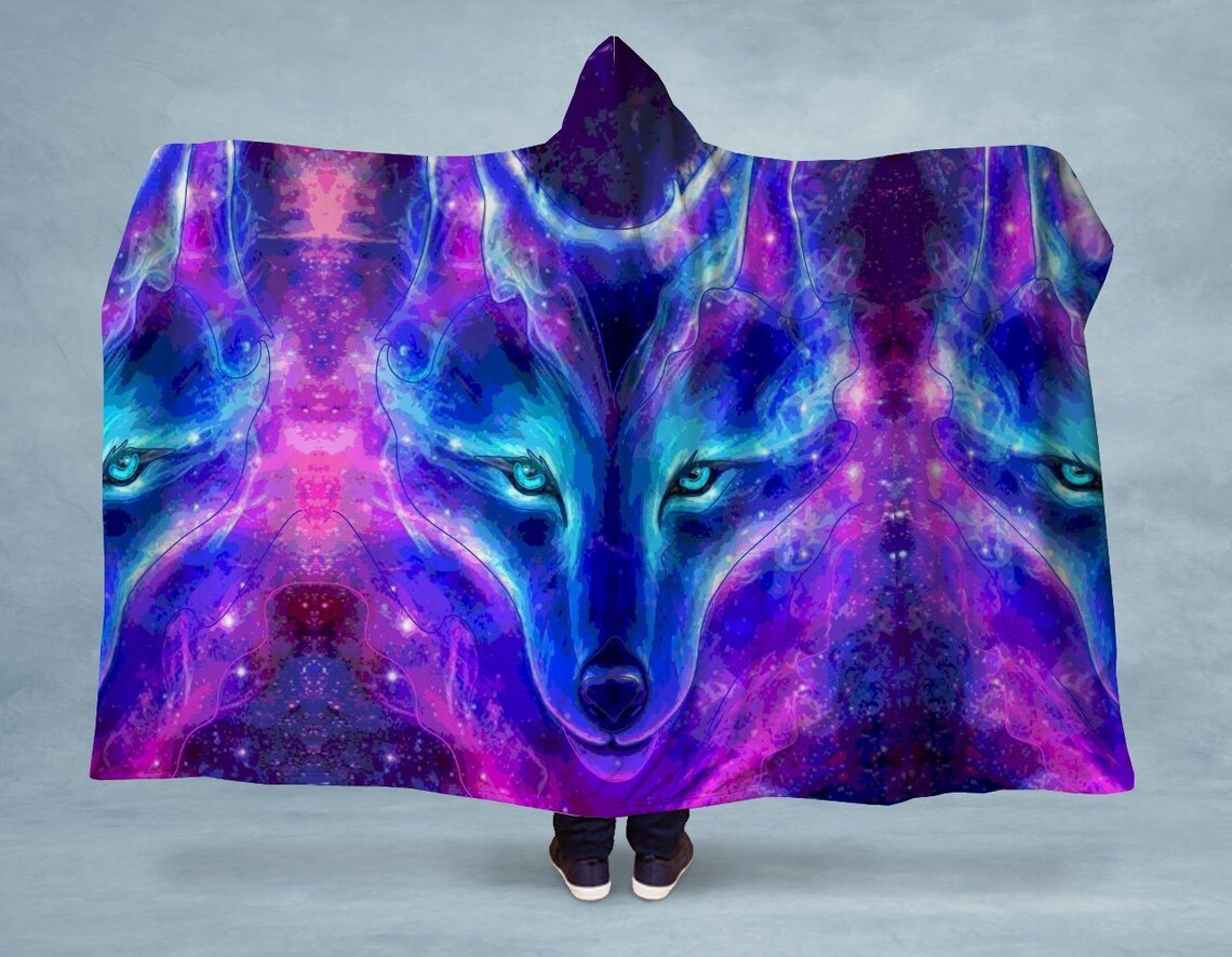 Neon Wolf Galaxy Hooded Blanket Wolves Sherpa Blanket Made Etsy