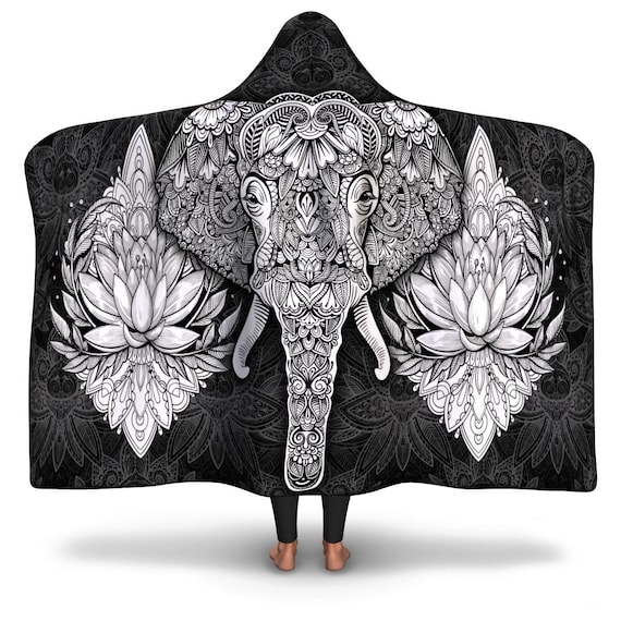 Elephants with Lotus Flower Print Baseball Tee Large Black and White