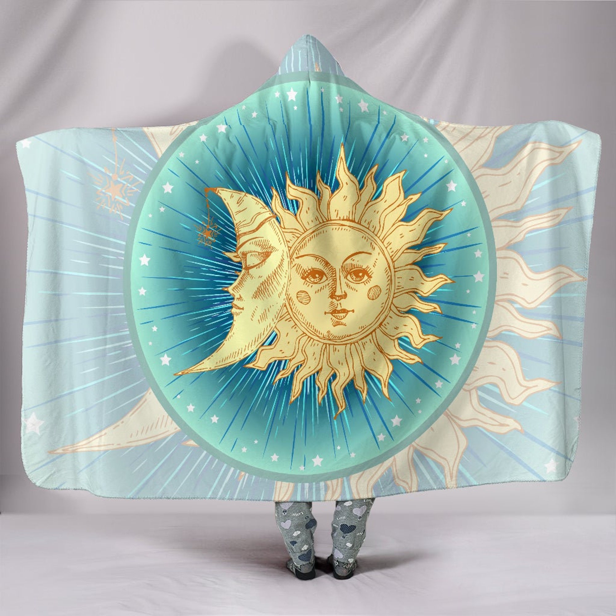Bohemian Sun and Moon Face Hooded Blanket - Symbols Of Life, Meditation, Soft Wearable Blanket Hoodie, Stars Clouds Cozy Throw, Hippie Style