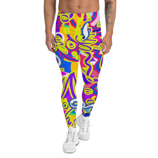 Psychedelic Neon Men's Festival Leggings - Rave Meggings, Vibrant Male Rave Pants, Abstract Trippy Rave Clothes, Chaotic Design, Yoga Pants