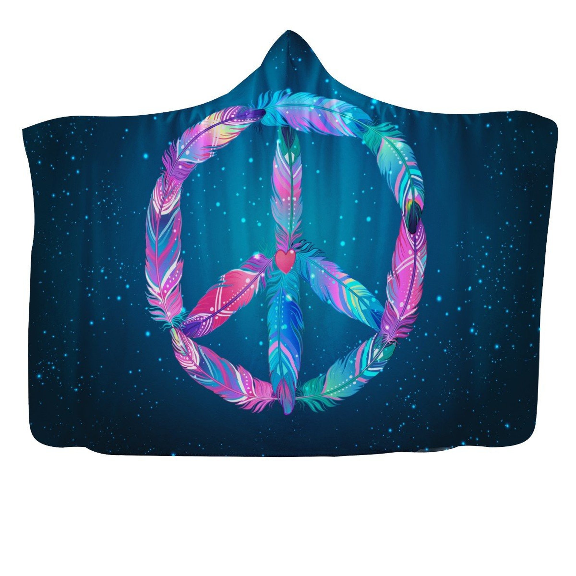 Feathers Of Peace Sign Hooded Blanket - Peace Symbol Throw Blanket, Celestial Stars Print, PLUR Blanket, Peaceful Hippie Blanket