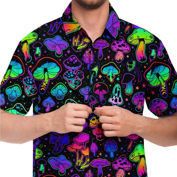 Magic Mushroom Glow Psychedelic Party Shirt - Trippy Rave Short Sleeve Button Down, Festival Male, Vibrant Colorful Design, Stoner Clothing