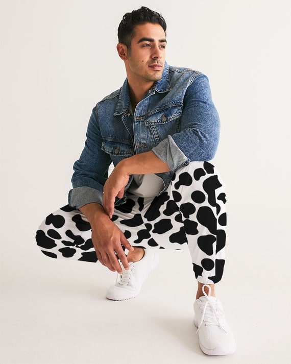 MindGone Cow Pants - Moody Cow Print Men's Track Pants - 90s Y2K Clothing, Party Festival Outfit, Quirky Cow Pattern, Trendy Streetwear Farm Animal