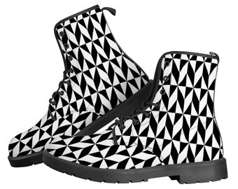 Monochrome Contrast Leather Boots - Trippy Black & White Alternative Footwear, Vegan Friendly Aesthetic Fashion Shoes, Classic Combat Boots