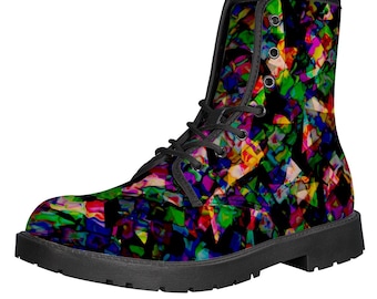 Trippy Abstract Dark Leather Boots - Vegan Friendly Psychedelic Shoes, Alternative Footwear, Classic Combat Boots