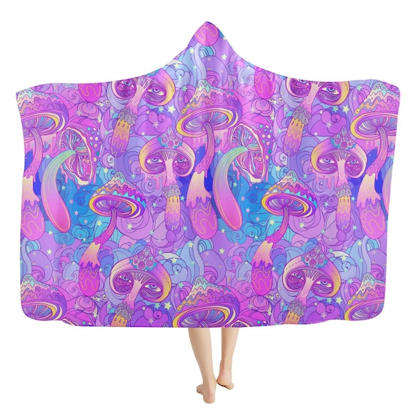 Psychedelic Purple Trip Hooded Blanket - Trippy Vibrant Shrooms Blanket, Psilocybin Poncho, Festival Fashion, Oversized Wearable Blanket
