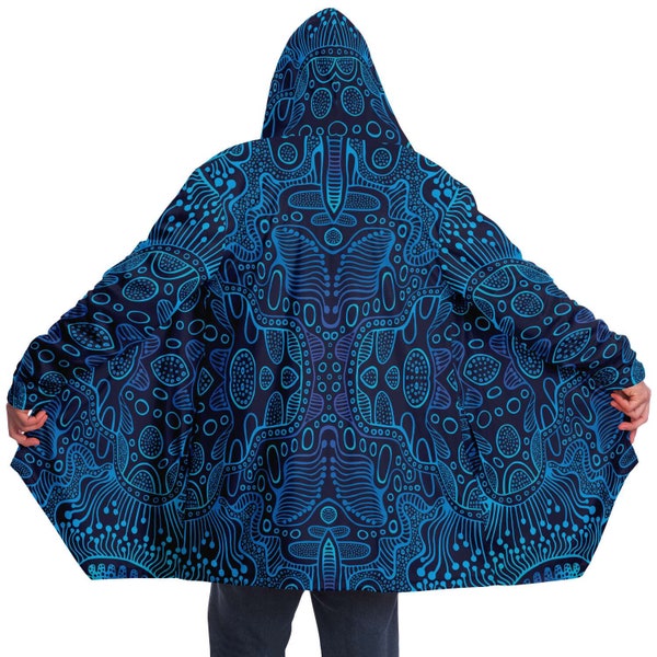 Electric Blue Hooded Festival Cloak - Tenue du Festival de Musique, Symétrie Ravewear, Manteau Psychédélique, Robe Trippy, Festival Fashion