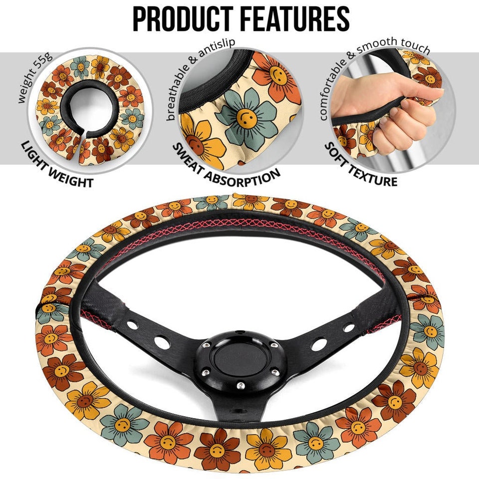 Retro Colorful Smiling Flowers Steering Wheel Cover