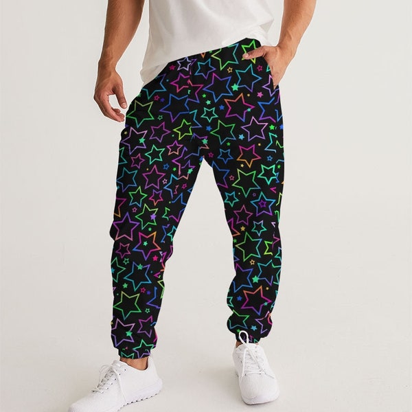 Rave Pants Male - Bright Neon Stars Pantalon de piste pour hommes, étoilé coloré, vêtements alternatifs des années 90, mode de festival, esthétique streetwear