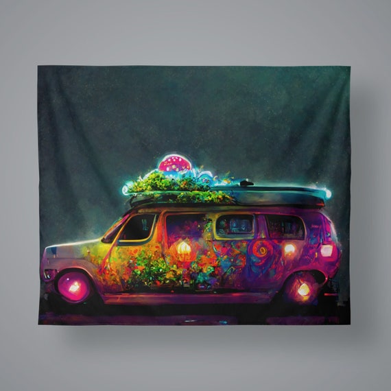 Magical Funky Hippie Bus Wall Tapestry Trippy Hippie Stoner Art 60s 70s Theme Groovy Festival Art Psychedelic College Dorm Room Art