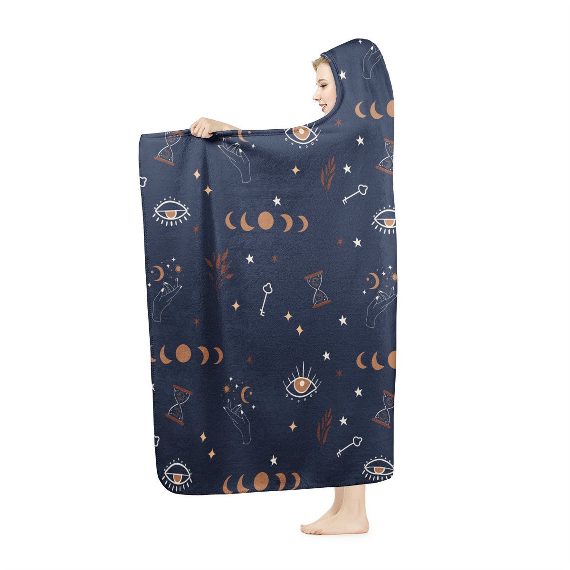 Esoteric Moon Phases Alchemy Stars Hooded Blanket - Crescent Moon, Artistic Trendy Chic Fashion, Tarot Blanket, Warm Wearable Hoodie