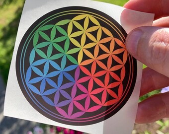 Flower Of Life Sticker - Rainbow Sacred Geometry Decal, Colorful Seed Of Life Symbol, Spiritual Mandala Vinyl Stickers, Hydroflask Sticker