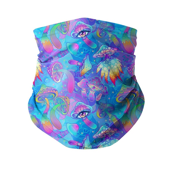 All Seeing Eye Mushroom Neck Gaiter + Filter - Psychedelic Magic Mushrooms Snood, Festival Fashion, Washable Reusable Dual Layer