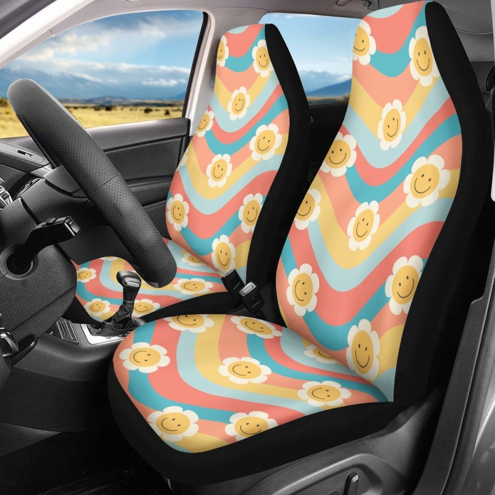 Smiley Face Emoji Flower Car Seat Covers Hippie Car Decor, Love Peace