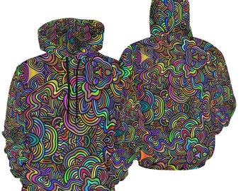 Groovy Psychedelic Hippie Pullover Hoodie - Psychedelia Sweatshirt, Warmup Yogi Class, Crazy Male Fashion, Funky All Over Print Hoodie
